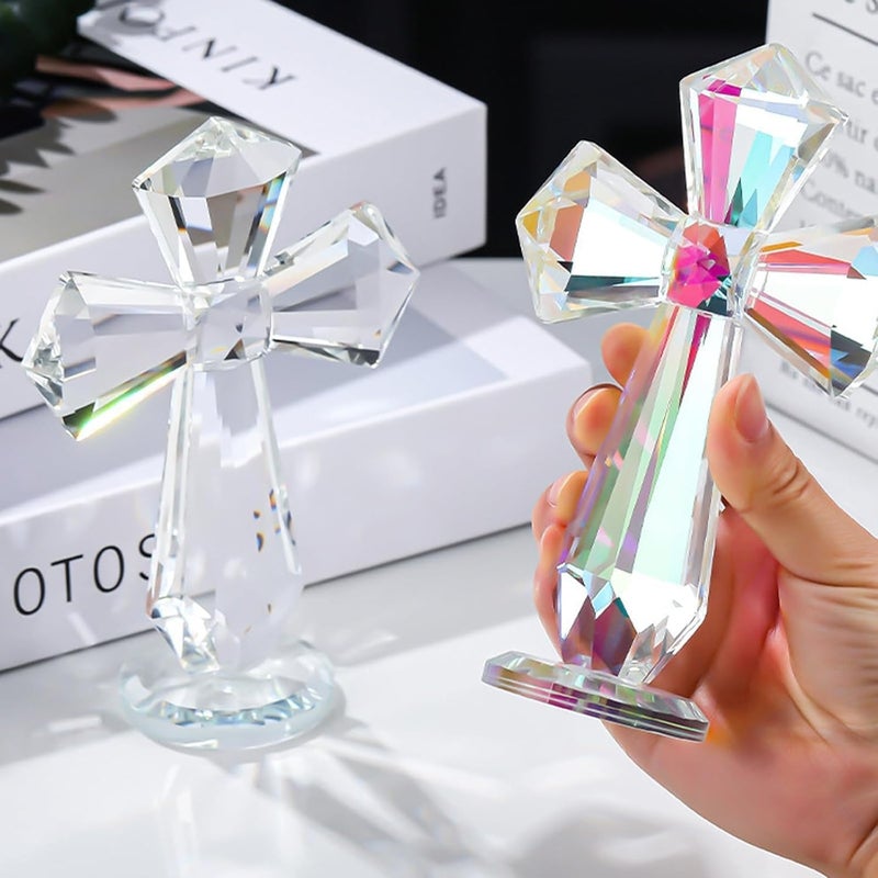 Rotroyce Hand-Carved Crystal Cross Desk Decor - 6 Inch Spiritual Gift for Christians, Clear K9 Crystal Religious Figurine with 360° Faceted Design (Transparent & Multicolored) - Image 5